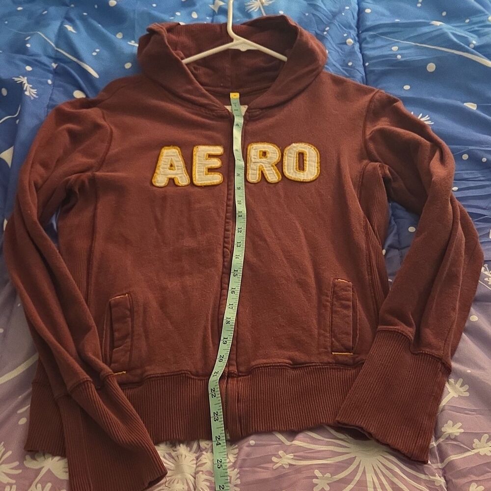 Aéropostale Women's Maroon Full Zip Hoodie Sweatshirt L Logo Thermal Look 2000s